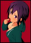  black_border blush border breasts cherry_tomato downblouse hood hood_down hoodie jewelry kinta_(distortion) looking_at_viewer medium_breasts mouth_hold naked_hoodie necklace one-piece_tan original purple_eyes purple_hair red_background short_hair simple_background solo tan tanline tomato upper_body 
