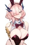  1girl 360_(taiyo360) absurdres alternate_costume arknights arknights:_endfield bare_shoulders blunt_bangs bow bowtie breasts commentary_request detached_collar eyes_visible_through_hair hair_over_one_eye highres horns large_breasts leotard looking_at_viewer mi_fu_(arknights) mole mole_on_breast mole_under_eye pink_eyes pink_hair playboy_bunny pointy_ears red_bow red_bowtie red_leotard short_hair smile solo traditional_bowtie upper_body 