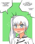  blue_eyes blush earrings english flying_sweatdrops green_background highres jewelry long_hair looking_at_viewer lunarisaileron no_nose ponytail rwby scar scar_across_eye solo speech_bubble sweatdrop weiss_schnee white_hair 