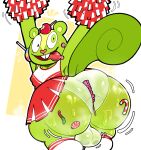 absurd_res anthro balls big_butt bodily_fluids bottomwear buckteeth butt candy cheerleader cheerleader_outfit clothing dessert femboy food genitals green_body gummy_(food) gummy_worm happy_tree_friends hi_res lazy_eye leprosick male mammal nutty_(htf) panties pom_poms rock_candy rodent sciurid skirt solo sweat sweaty_butt tail teeth tongue tongue_out tree_squirrel underwear