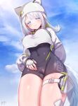  1girl absurdres animal_ear_headwear arknights arknights:_endfield breasts commentary_request covered_navel estella_(arknights) fingerless_gloves gloves hat highres large_breasts looking_at_viewer paid_reward_available solo tail thigh_strap white_hair yufukiri 