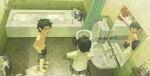  2boys absurdres bathroom bathtub black_hair child chinese_commentary commentary cup different_reflection english_commentary faucet from_above glasses highres horror_(theme) indoors male_focus male_underwear mayozom mirror mixed-language_commentary monster mug multilingual_commentary multiple_boys navel open_mouth original reflection shelf short_hair shorts shower_curtain sink standing tile_floor tiles toilet toothbrush topless_male underwear undressing water 