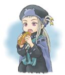  1girl arunsu blue_background commentary_request eating fang food hakumei_to_mikochi hat pointy_ears ponytail purple_eyes robe sandwich sen_(hakumei_to_mikochi) solo two-tone_background white_background white_hair 