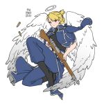  1girl angel_wings black_boots black_shirt blonde_hair blue_cape blue_jacket blue_pants bolt_action boots breasts brown_eyes bullet cape earrings floating full_body fullmetal_alchemist gun halo holding holding_gun holding_weapon jacket jacket_on_shoulders jewelry m1903_springfield medium_breasts medium_hair military_jacket military_uniform pants rifle riza_hawkeye rmaqkfwnj shell_casing shirt solo stud_earrings traditional_halo turtleneck updo waist_cape weapon white_background white_trim wings 