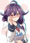  ahoge antenna_hair bespectacled blush chan_(akuty_ikkot) commentary_request glasses hair_between_eyes hair_flaps kantai_collection light_smile long_hair long_sleeves looking_at_viewer low_twintails puffy_long_sleeves puffy_sleeves purple_hair red_eyes school_uniform solo taigei_(kantai_collection) twintails 