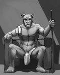  anthro black_and_white cloth feline lengry lion looking_at_viewer male mammal monochrome plain_background sitting solo throne 