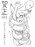  2013 anaconda animal_ears arm_up asphyxiation commentary fang fox_ears fox_tail greyscale hime_cut japanese_clothes miko monochrome original restrained sakifox sakitsune slit_pupils snake sweat tabi tail tears tongue tongue_out translated trembling 