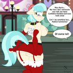  2015 anthro anthrofied blue_eyes blue_hair blush breasts butt clothed clothing coco_pommel_(mlp) collar dialogue elbow_gloves english_text equine female friendship_is_magic gloves hair hi_res horse jrvanesbroek kaiuchiha15 legwear mammal miniskirt my_little_pony nipple_bulge pasties pony pulling skimpy skirt stockings text 
