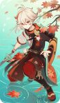  1boy antenna_hair asymmetrical_sleeves bad_source bandaged_arm bandaged_hand bandages black_gloves black_haori black_sandals black_scarf bow branch brown_bow brown_sash brown_shorts closed_mouth crossed_bangs falling_leaves fingerless_gloves genius_invokation_tcg_(style) genshin_impact gloves hair_between_eyes hakama hakama_shorts haori holding holding_sword holding_weapon japanese_clothes kaedehara_kazuha kagotsurube_isshin_(genshin_impact) kimono leaf leaf_print long_sleeves looking_at_viewer low_ponytail male_focus maple_leaf maple_leaf_print medium_hair mismatched_sleeves multicolored_hair official_art pantyhose pom_pom_(clothes) ponytail red_eyes red_pantyhose red_scarf red_streaks reflection reflective_liquid ripples sandals scarf short_sleeves shorts sidelocks single_sode smile solo squatting standing standing_on_liquid streaked_hair sword tassel water weapon white_hair white_kimono wide_sleeves 