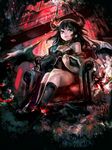  black_hair breasts chair cleavage highres horns medium_breasts organ_derwald original red_eyes sitting solo wings 