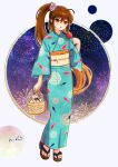  1girl :p aerial_fireworks ahoge alternate_costume animal_print aqua_bow arm_at_side artist_name bag blue_kimono blush bow brown_eyes brown_hair candy_apple commentary fireworks fireworks_print fish_print floating_hair flower food full_body geta hair_between_eyes hair_bow hair_flower hair_ornament hand_up handbag highres holding holding_bag holding_candy_apple holding_food japanese_clothes kimono little_busters! long_hair long_sleeves looking_at_viewer natsume_rin pink_flower piyo_(kinkooo333) ponytail print_kimono sandals sidelocks simple_background solo standing tongue tongue_out very_long_hair white_background wide_sleeves yukata 
