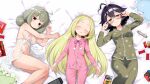  3girls ahoge araga_kiwi babydoll black_hair blonde_hair breasts closed_eyes closed_mouth commentary_request controller double_bun flat_chest food frilled_pillow frills game_controller glasses green_hair green_pajamas green_pants green_shirt grin hair_bun heart heart-shaped_pillow hiiragi_utena leoparde_(mahou_shoujo_ni_akogarete) long_hair looking_at_viewer lying mahou_shoujo_ni_akogarete medium_breasts multiple_girls navel nintendo_switch nipples on_back on_side open_mouth paid_reward_available pajamas pants parted_lips pillow pink_pajamas pink_pants pink_shirt pocky purple_eyes shirt short_hair smile usayaki_soba white_babydoll yellow_eyes 