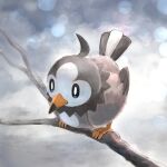  absurdres animal_focus artist_name bird black_sclera blurry blurry_background bokeh closed_mouth colored_sclera commentary_request depth_of_field english_text full_body highres no_humans pokemon pokemon_(creature) pokemon_focus revision signature sitting solo starly stick sushimi_(nijoujou) white_eyes 