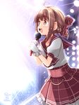  ahoge akane_souichi blush bow braid brown_eyes brown_hair copyright_name gloves hair_bow microphone open_mouth sidelocks skirt smile solo stage_lights tears tokyo_7th_sisters tsunomori_rona white_gloves 