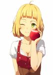  ahoge apple blonde_hair blush breasts cleavage collarbone dress food fruit green_eyes holding holding_food holding_fruit kinta_(distortion) one_eye_closed original short_hair short_sleeves simple_background small_breasts smile solo upper_body white_background 