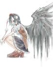  1girl black_hair black_skirt black_wings brown_eyes commentary frills from_side full_body hair_between_eyes hat highres leaf_print light_smile looking_at_viewer maple_leaf_print omaega_chan pom_pom_(clothes) red_shoes shameimaru_aya shirt shoes short_hair short_sleeves skirt solo squatting tokin_hat touhou two-tone_shirt white_shirt wings 