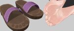  1girl absurdres barefoot brown_sandals close-up commentary feet feet_only foot_focus footprints footwear_focus grey_background highres jager kijin_seija sandals shadow simple_background soles solo toes touhou untranslatable_commentary unworn_sandals 