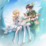  1boy 1girl androgynous aqua_eyes aqua_gem arm_armor baggy_shorts bare_shoulders beret black_bow black_bowtie black_gloves black_hair black_shoes blonde_hair blue_feathers blue_hair blue_skin blue_sky boots bow bowtie braid breasts brown_corset brown_eyes brown_pupils buttons cape closed_mouth cloud cloudy_sky collared_cape collared_shirt colored_skin commentary_request corset day detached_sleeves dragon dragon_wings dress feather_hair_ornament feathers fingerless_gloves floating_clothes floating_hair flower full_body gem genshin_impact gloves gold_trim gradient_hair green_cape green_hat green_shorts hair_between_eyes hair_flower hair_ornament hands_up hat hat_flower hat_ornament holding holding_instrument holding_lyre holding_paper hoxino instrument jewelry leaf_hat_ornament long_sleeves looking_at_another lumine_(genshin_impact) lyre medium_breasts multicolored_hair outdoors pantyhose paper pendant pom_pom_(clothes) puffy_long_sleeves puffy_sleeves shadow shirt shoes short_hair shorts sidelocks sitting sky sleeveless sleeveless_dress smile sparkle_print striped_bow striped_bowtie striped_clothes teeth thigh_boots twin_braids two-sided_cape two-sided_fabric two-tone_hair venti_(genshin_impact) wavy_hair white_boots white_dress white_flower white_pantyhose white_shirt white_sleeves wings yellow_cape 
