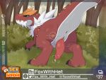  2026 2_claws 4:3 absurd_res animal_genitalia anus big_tail black_claws black_sclera bodily_fluids butt claws day dinosaur dripping english_text erection feral finger_claws forest fossil_pokemon foxwithhat generation_6_pokemon genital_fluids genital_slit genitals grass hi_res looking_at_viewer looking_back looking_back_at_viewer male male_feral multicolored_body multicolored_tail nature new_pokemon_snap nintendo orange_body orange_scales penis plant pokemon pokemon_(species) pokemon_snap precum precum_drip prehistoric_species presenting presenting_hindquarters prof_blanc's_sex_safari raised_tail rear_view red_body red_penis red_scales red_tail reptile scales scalie shrub solo tail text toe_claws tree two_tone_tail tyrantrum white_body white_eyes white_tail 
