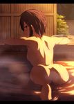  ass back barefoot bathing blush brown_eyes brown_hair bucket from_behind head_rest kinta_(distortion) leaning_forward letterboxed looking_back nude one-piece_tan onsen original partially_submerged short_hair solo tan tanline towel water wet wet_hair wooden_bucket 
