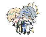  2boys aqua_shirt aventurine_(honkai:_star_rail) black_boots black_gloves black_jacket black_shirt black_shoes black_vest blonde_hair blue_eyes blue_jacket blue_pupils blush_stickers boots bracelet buttons cape chibi chibi_only clothing_cutout collared_shirt crossed_bangs earrings feathered_wings full_body fur-trimmed_jacket fur_trim gloves gold_bracelet gold_earrings grey_hair hair_between_eyes halo halo_behind_head hand_on_another's_shoulder hands_up head_wings heart_cutout honkai:_star_rail honkai_(series) innu_fuwafuwa jacket jewelry long_sleeves looking_at_viewer male_focus multicolored_eyes multicolored_jacket multiple_boys open_clothes open_jacket open_mouth pants purple_eyes scarf shirt shoes short_hair sidelocks simple_background smile standing sunday_(honkai:_star_rail) tongue two-sided_fabric two-sided_jacket two-tone_jacket vest white_background white_jacket white_pants white_scarf wings yellow_cape yellow_eyes yellow_jacket 