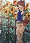  2015 adjusting_eyewear akizuki_ritsuko antenna_hair bag belt between_breasts blue-framed_eyewear blush breasts brown_eyes brown_hair buckle casual converse crossed_legs dated fence flower folded_ponytail glasses heart idolmaster idolmaster_(classic) khakis laki looking_at_viewer open_mouth outdoors pants plant polo_shirt scrunchie shoes short_hair short_sleeves shoulder_bag small_breasts smile sneakers solo standing strap_cleavage sunflower wing_collar wrist_scrunchie 