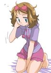  between_legs blue_eyes bow brown_hair hainchu hair_bow hairband hand_between_legs hand_in_hair hand_on_own_cheek no_hat no_headwear pajamas pokemon pokemon_(anime) pokemon_xy_(anime) serena_(pokemon) short_hair simple_background solo tired white_background 