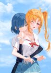  2girls ;o absurdres ahoge alternate_breast_size_(larger) bite_mark biting black_nails blonde_hair blue_hair blue_shirt blue_skirt blue_sky blush bocchi_the_rock! bow bowtie braid breasts cleavage cloud collarbone commentary_request day fingernails hair_ornament hairclip hickey highres hug hug_from_behind ijichi_nijika large_breasts layered_sleeves long_fingernails long_hair long_sleeves medium_breasts multiple_girls nail_polish one_eye_closed open_mouth outdoors pink_nails pleated_skirt red_bow red_bowtie red_eyes romanticstar school_uniform shimokitazawa_high_school_uniform shirt short_hair short_sleeves side_ponytail side_ponytail_with_braided_base skirt sky white_shirt yamada_ryo yellow_eyes yuri 