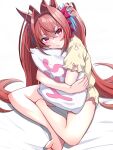  1girl animal_ears bed_sheet blush brown_hair crossed_legs daiwa_scarlet_(umamusume) hair_intakes hashtag-only_commentary highres horse_ears horse_girl horse_tail hugging_object long_hair looking_at_viewer pink_eyes sitting sleepwear solo tail tussy twintails twintails_day umamusume very_long_hair yes-no_pillow 