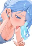  1girl absurdres adjusting_hair blue_eyes blue_hair blush breasts diptip fellatio_gesture gold_necklace highres hololive hoshimachi_suisei jewelry long_hair necklace open_mouth simple_background small_breasts solo star_(symbol) star_in_eye star_necklace symbol_in_eye tongue tongue_out virtual_youtuber white_background 