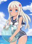  ball beachball blonde_hair blue_eyes cloud cowboy_shot crop_top day flower hair_flower hair_ornament highres kantai_collection long_hair looking_at_viewer monobe_tsukuri one-piece_swimsuit ro-500_(kantai_collection) school_swimsuit school_uniform serafuku sky smile solo swimsuit swimsuit_under_clothes tan tanline water 