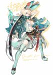  1girl ahoge animal_ears aqua_eyes arm_out_of_sleeve bandeau belt black_belt blonde_hair bob_cut boots breasts chain choker cleavage cosplay elphelt_valentine fake_animal_ears fingerless_gloves found_modori gloves green_boots green_choker green_hairband green_jacket guilty_gear guilty_gear_strive hairband highres holding holding_behind_back holding_sword holding_sword_behind_back holding_weapon holding_weapon_behind_back huge_weapon jacket jacket_on_shoulders large_breasts looking_at_viewer midriff multiple_belts nagoriyuki nagoriyuki_(cosplay) ootachi open_clothes open_jacket scabbard sheath shirt short_hair signature single-shoulder_shirt solo stomach strapless sword teeth thighhighs torn_clothes torn_shirt wakizashi weapon white_gloves white_hair yoga_shorts 