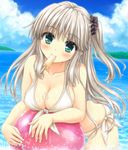  aoi_akua ball beachball bikini breasts cleavage food green_eyes long_hair medium_breasts mouth_hold one_side_up original popsicle scrunchie side-tie_bikini silver_hair solo swimsuit 