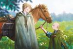  2boys a_knight_of_the_seven_kingdoms a_song_of_ice_and_fire aegon_v_targaryen artist_name bald blonde_hair blue_eyes blue_shirt blurry blurry_foreground child cloak duncan_the_tall green_cloak height_difference highres holding holding_reins horse l3earfat looking_at_another male_focus multiple_boys outdoors reins saddle saddlebags shirt short_hair smile 