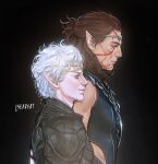  2boys armor artist_name astarion bags_under_eyes baldur's_gate baldur's_gate_3 bare_shoulders black_armor black_background black_vest brown_hair closed_mouth dungeons_&amp;_dragons facial_mark grey_hair hair_pulled_back half_updo halsin highres l3earfat male_focus medium_hair multiple_boys pale_skin parted_bangs pointy_ears profile red_eyes short_hair shoulder_armor upper_body vest 