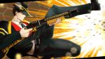  1boy absurdres arachnidlegs belt black_hat black_necktie black_pants black_shoes black_suit closed_mouth collared_shirt commentary e.g.o_(project_moon) from_side full_body gun hat highres holding holding_gun holding_weapon honeycomb_(pattern) honeycomb_background hornet_(e.g.o) limbus_company male_focus meursault_(project_moon) necktie pants project_moon pump_action shirt shoes solo suit untranslatable_commentary weapon white_shirt 