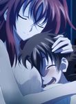  1boy 1girl breasts high_school_dxd hug hyoudou_issei large_breasts long_hair rias_gremory screencap simple_background 