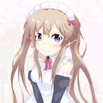  apron bare_shoulders blush bow bowtie brown_hair detached_sleeves elf frills hair_bow hair_ribbon long_hair looking_at_viewer maid maid_apron maid_headdress myucel_foalan outbreak_company pointy_ears purple_eyes ribbon solo twintails yasai_yuuki 