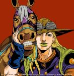  1boy animal cowboy_hat goggles goggles_on_headwear gold_teeth green_lips grills gyro_zeppeli hat highres horse jjba_kk jojo_no_kimyou_na_bouken male_focus steel_ball_run valkyrie_(jojo) 