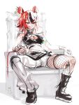  1girl :d absurdres animal_ear_piercing animal_ears asymmetrical_clothes black_boots black_shirt black_streaks boots breasts cleavage_cutout clothing_cutout commentary cropped_shirt dalcom earrings english_commentary fishnet_pantyhose fishnets grin hakos_baelz hakos_baelz_(recolor) highres hololive hololive_english implied_extra_ears jewelry medium_breasts mouse_ears mouse_girl mouse_tail multicolored_hair navel official_alternate_costume on_throne pants pantyhose pantyhose_under_pants red_eyes red_hair sharp_teeth shirt short_hair single_pantsleg sitting smile snake_eyes_(hakos_baelz) solo spread_legs stomach streaked_hair tail teeth virtual_youtuber white_pants white_streaks 