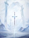  artist_request blue_gem crack day fog game_cg gem glowing_gem highres ice mountain nikki_(series) no_humans object_focus official_art outdoors ruins shining_nikki snow sword third-party_source weapon winter 