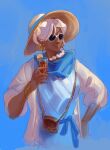  1girl ana_(overwatch) bracelet braid closed_mouth commentary cup dark-skinned_female dark_skin drink earrings hat highres holding holding_cup iced_tea jewelry old old_woman overwatch puffy_sleeves skull_bomb smile sun_hat sunglasses untranslatable_commentary white_hair 