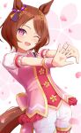  1girl absurdres animal_ears ascot blush breasts brown_hair commentary_request flower-shaped_pupils flower_in_eye highres horse_ears horse_girl horse_tail looking_at_viewer one_eye_closed open_mouth petals pink_ascot pink_eyes pink_vest puffy_short_sleeves puffy_sleeves purple_eyes sakura_laurel_(saisir_le_reve)_(umamusume) sakura_laurel_(umamusume) shirt short_hair short_sleeves shorts smile solo stretching symbol-shaped_pupils symbol_in_eye tail umamusume vest white_shorts yorikoto_hachiyo 