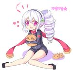  curly_hair hairband hug jacket knees_together_feet_apart legs long_hair original pointy_ears ponytail pumpkin red_eyes scarf shoes shorts silver_hair sitting smile solo vils 