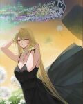  1980s_(style) 1girl adjusting_hair arms_up bare_arms black_dress black_hat blonde_hair blush bracelet breasts brown_eyes cleavage cleavage_cutout clothing_cutout collarbone cross cross_necklace dandelion dress dutch_angle eyelashes field flower flower_field fur_hat ginga_tetsudou_999 grass hair_down hair_over_shoulder hat highres ikeda_masako jewelry light_blush light_smile long_eyelashes long_hair long_nose looking_at_viewer maetel missing_headwear necklace papakha pearl_necklace retro_artstyle roki-soku sky smile solo solo_focus sparkle sparkle_background sparkling_eyes star_(sky) starry_sky strap thick_eyelashes three-nine_(ginga_tetsudou_999) upper_body very_long_hair wind wind_lift wrinkled_fabric 