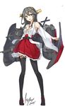  black_footwear black_hair black_legwear boots brown_eyes dazzle_paint detached_sleeves haruna_(kantai_collection) kantai_collection long_hair looking_at_viewer machinery nontraditional_miko signature simple_background skirt solo thigh_boots thighhighs tilt-shift white_background 