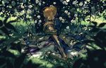  ahoge armor armored_boots armored_dress artoria_pendragon_(all) bad_id bad_pixiv_id blonde_hair blue_dress boots braid closed_eyes dappled_sunlight dress fate/stay_night fate_(series) faulds flower gauntlets grass hair_bun juliet_sleeves long_sleeves metal_boots object_hug outdoors petals plant puffy_sleeves saber scabbard seeker sheath sheathed sitting sleeping solo sunlight sword tabard weapon 