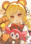  1girl :d absurdres animal_ear_hairband animal_ears animal_hands bear_ear_hairband bear_ears blonde_hair bow bowtie charlotte_(madoka_magica) chinese_commentary commentary creature drill_hair fake_animal_ears flower_hairpin gloves hair_ornament hairband hairpin hand_up highres holding holding_creature juliet_sleeves lace-trimmed_sleeves lace_trim long_sleeves looking_at_viewer mahou_shoujo_madoka_magica mahou_shoujo_madoka_magica_(anime) mitakihara_school_uniform paw_gloves portrait puffy_sleeves red_bow red_bowtie school_uniform smile tomoe_mami tujiu_sama twin_drills yellow_background yellow_eyes 