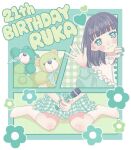  1girl aqua_background aqua_border aqua_bow aqua_bowtie aqua_nails aqua_skirt black_hair blunt_bangs blush border bow bowtie character_request checkered_background checkered_bow checkered_bowtie checkered_clothes checkered_skirt commentary_request copyright_request dot_nose english_text eyelashes flower frilled_shirt frills green_background green_eyes green_sleeves hand_up happy_birthday heart heart-shaped_pupils highres holding holding_microphone long_hair long_sleeves looking_at_viewer microphone multiple_views nekomaru0817 pastel_colors pleated_skirt portrait shirt sitting skirt socks stuffed_animal stuffed_toy symbol-shaped_pupils teddy_bear wariza white_border white_shirt white_socks 