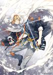  bad_id bad_pixiv_id blonde_hair blue_eyes d_midiror hood katana male_focus necktie pants solo sword torn_clothes torn_pants touken_ranbu weapon yamanbagiri_kunihiro 